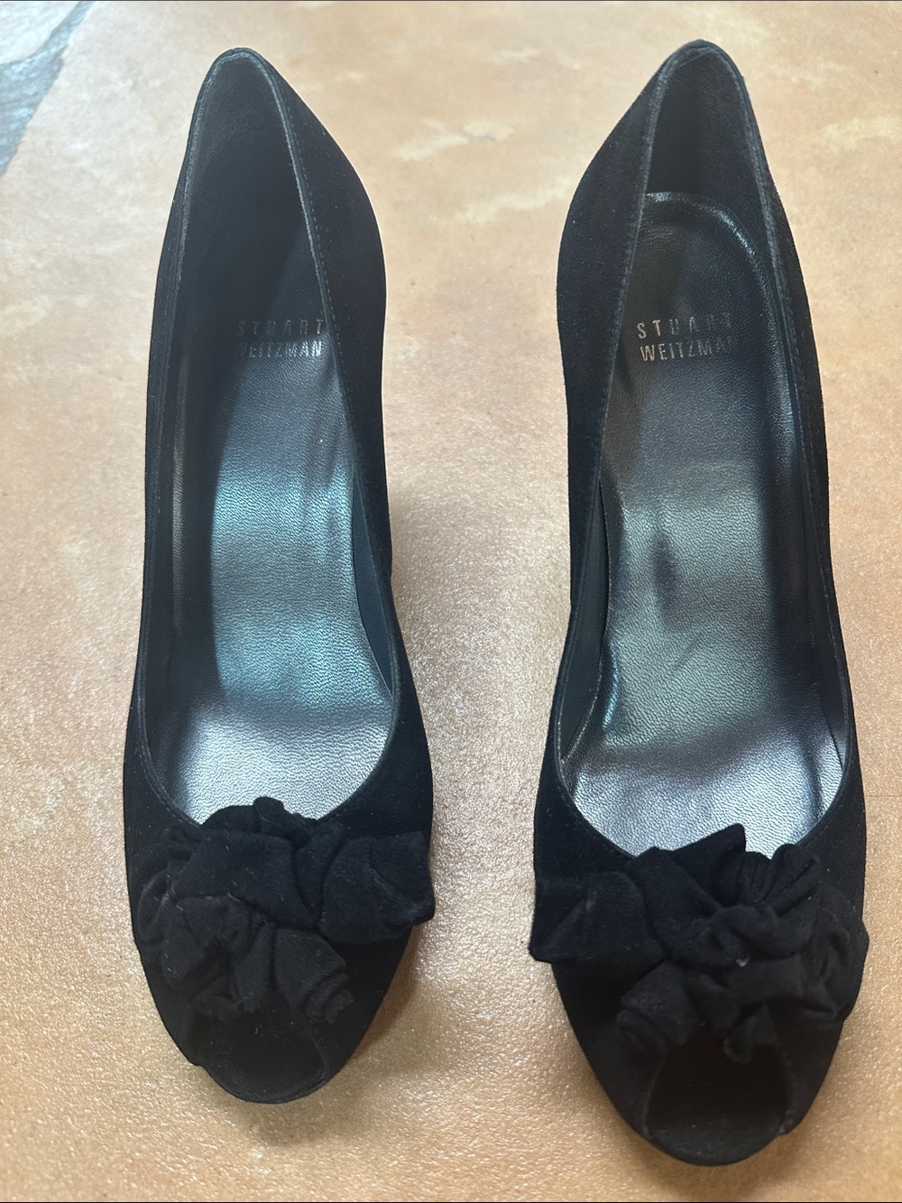 Stuart Weitzman Black Suede Rosette Peep-Toe Pumps, Size 7